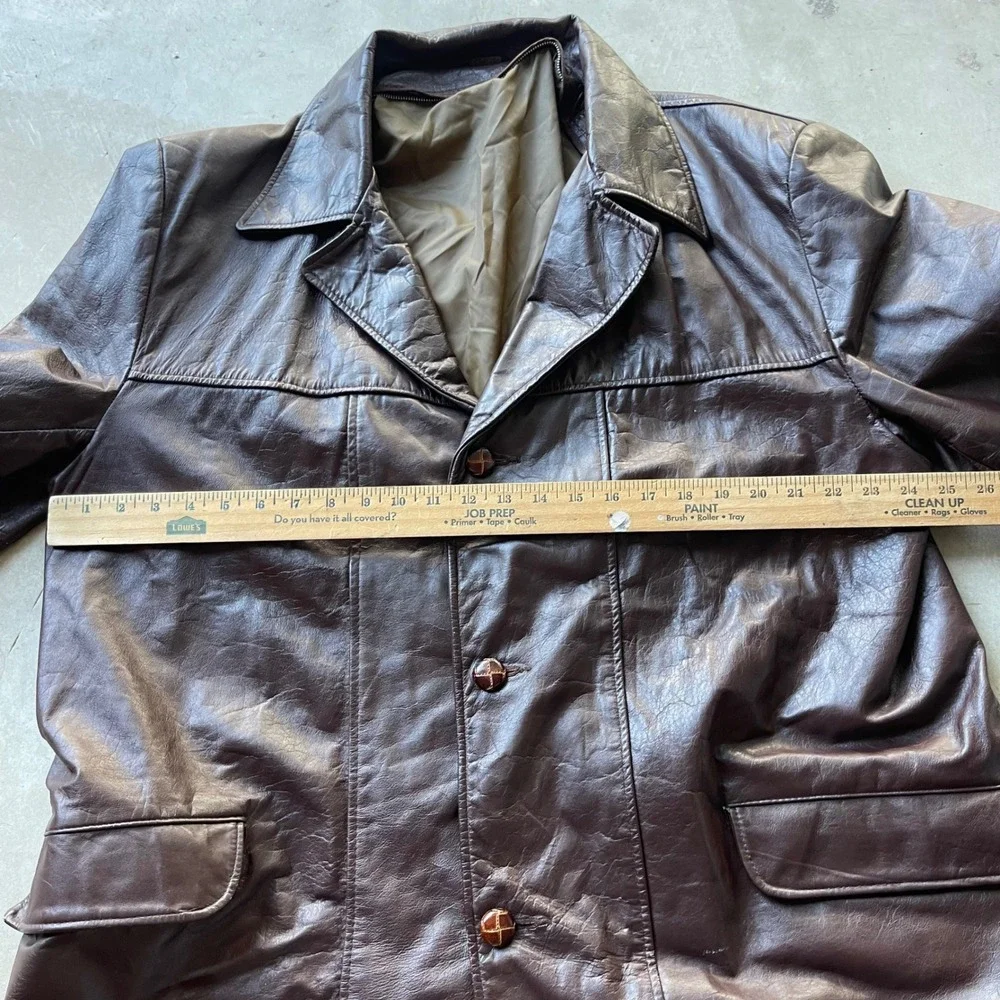 Vintage Dark Brown Leather Car Coat Mens Mid Length Button Front Jacket 25x31